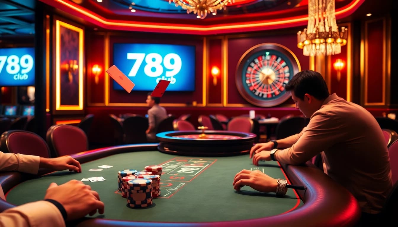 Experience intense poker action at 789club with vibrant gaming elements and luxurious atmosphere.