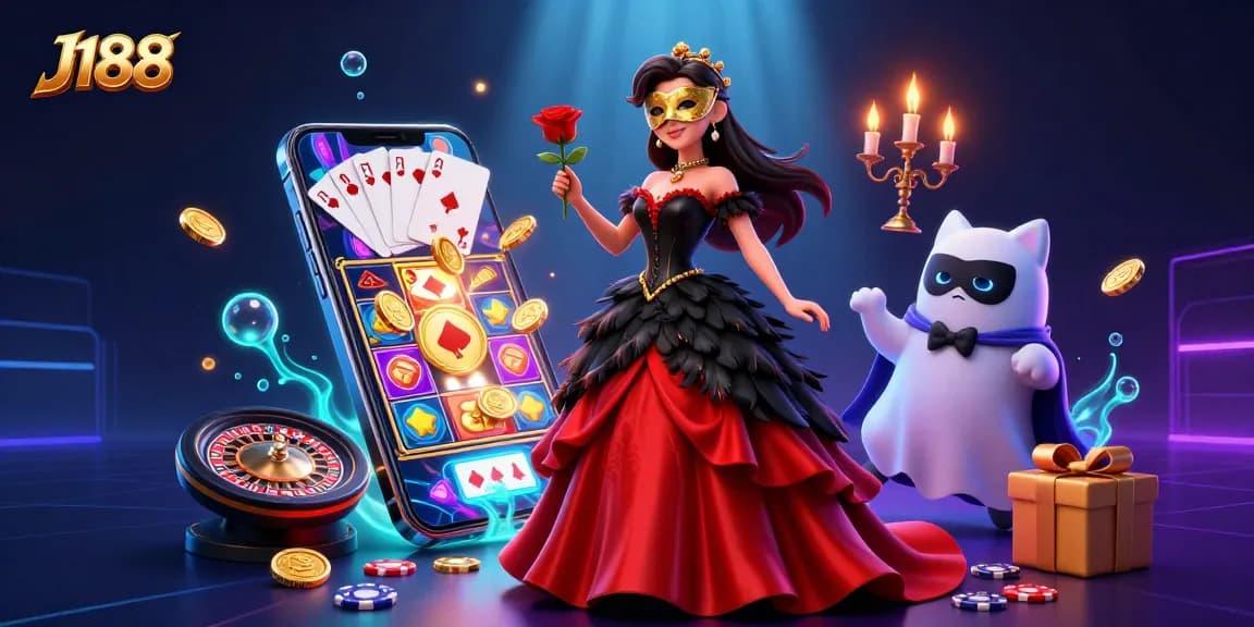 Engage with J188 as a stunning woman and her phantom cat explore dynamic casino games in a vibrant scene.