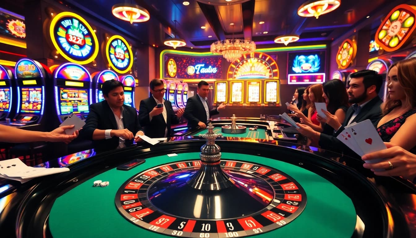 A lively casino scene at https://32wingroup.com/ featuring a roulette table, players with chips, and vibrant slot machines.