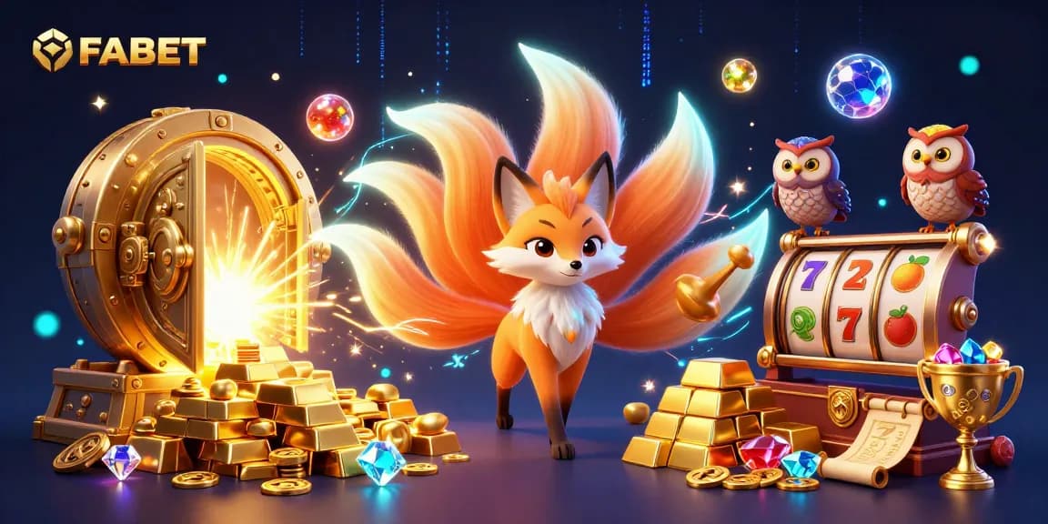Engage with FABET's vibrant gaming world through this colorful, dynamic 3D illustration showcasing slot reels and treasures.