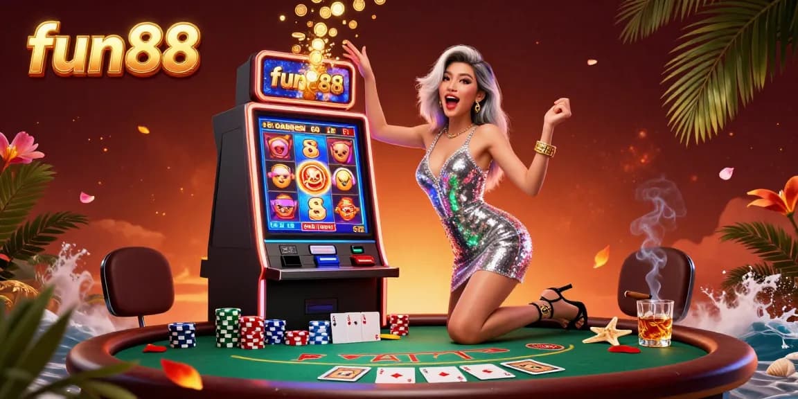 Experience thrilling fun88 gaming excitement with a joyful winner at the slot machine amidst a vibrant casino backdrop.