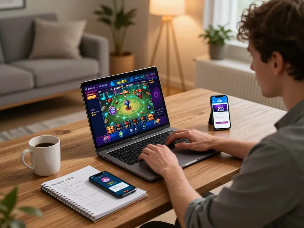 Engaging online gambling with nk88 app on laptop, showcasing a cozy home gaming experience