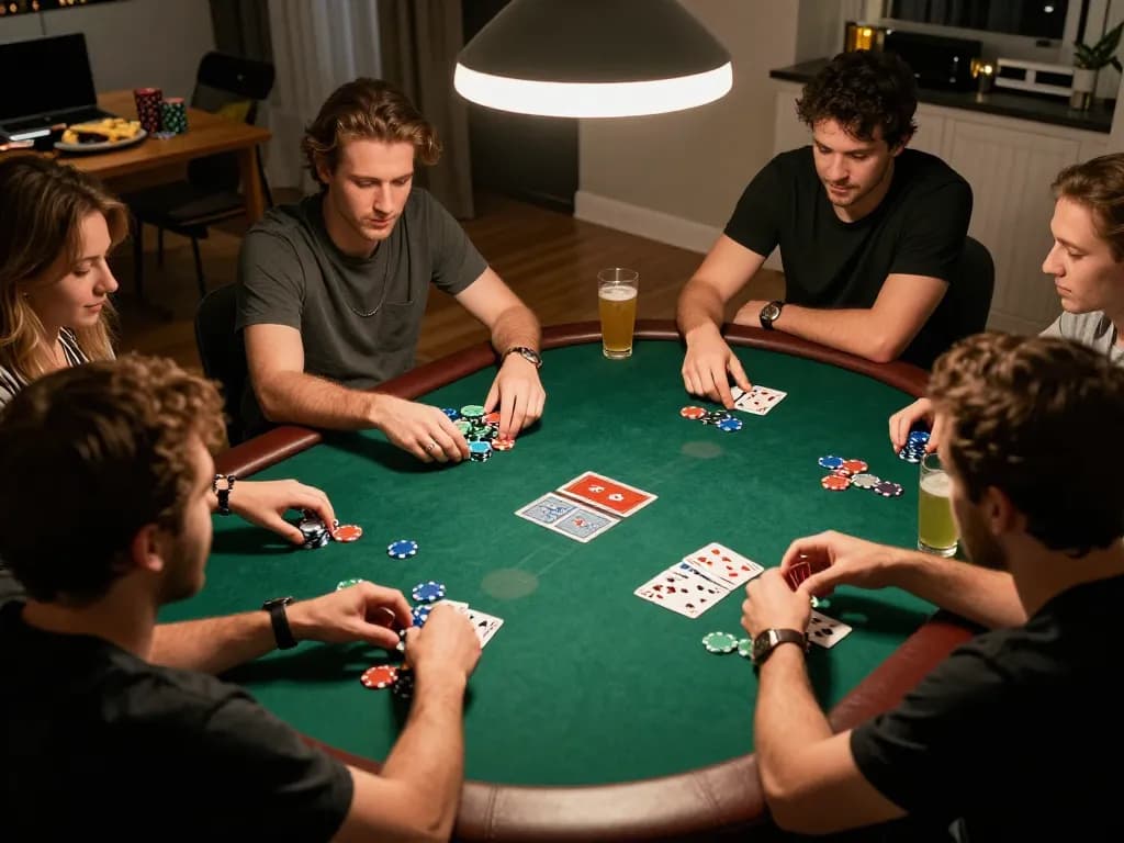 Friends playing poker at home around a green felt table, showcasing Fly88 nhà cái excitement in a friendly atmosphere