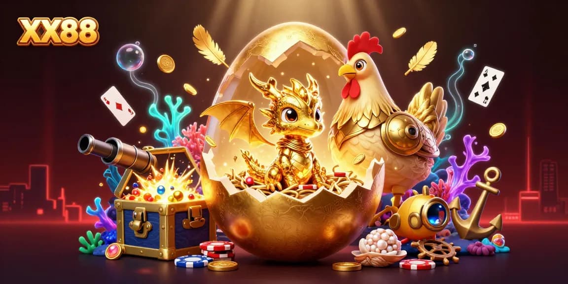 Engage with the exciting XX88 gaming experience featuring a golden baby dragon and poker elements.