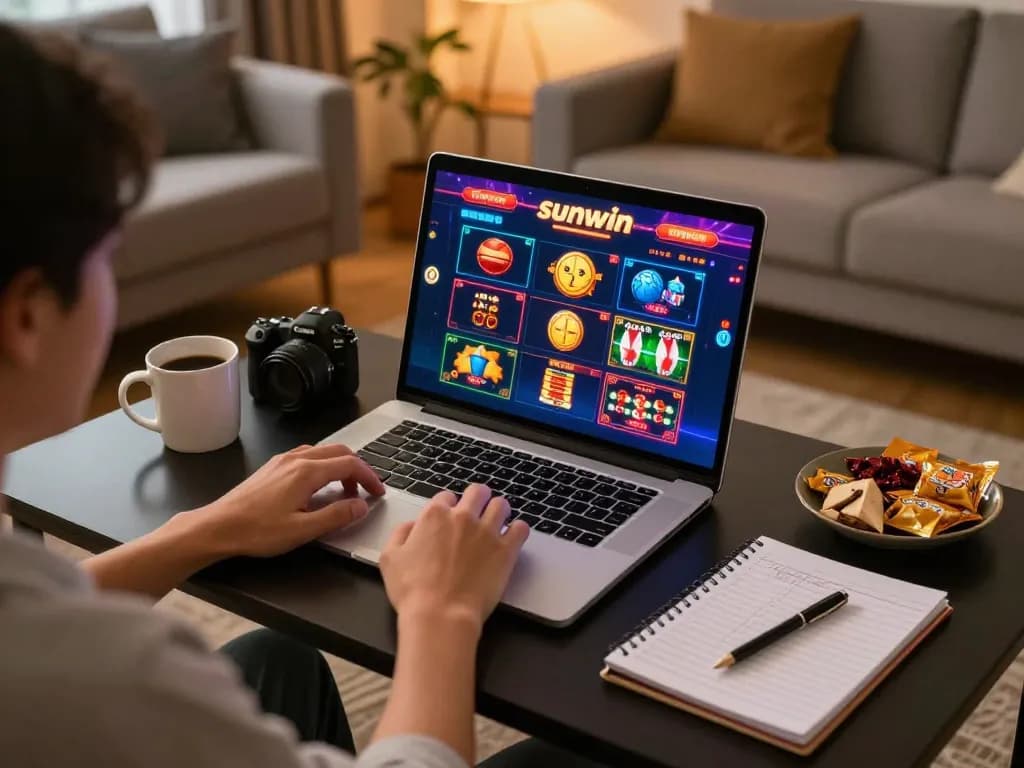Person playing on sunwin online casino interface, showcasing strategic betting in cozy home setup.