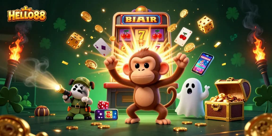 Engage with HELLO88's exciting gaming world featuring a mischievous monkey and curious puppy in a vibrant casino atmosphere.