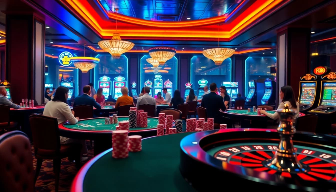 Exciting gaming scene at F168 casino showcasing vibrant tables and animated players.