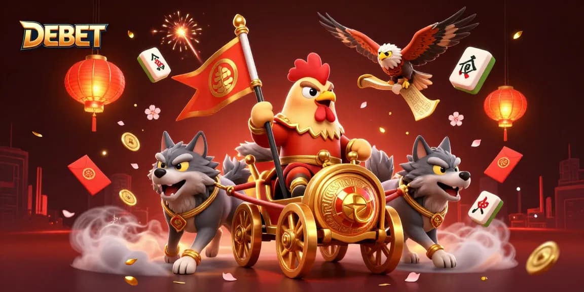 Experience thrilling gameplay with DEBET as the cartoon rooster warlord leads a vibrant casino adventure.
