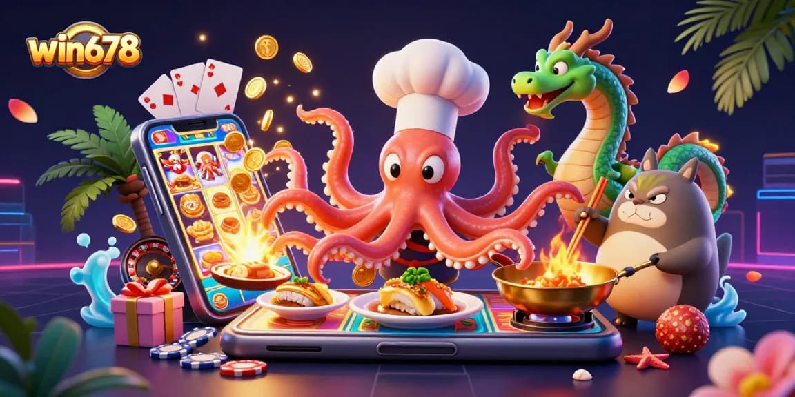Experience win678's thrilling gaming scene with characters preparing dishes and dynamic casino elements.