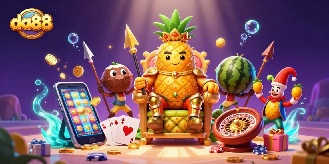 Bettors spin colorful slots at da88's beach casino, ruled by the golden pineapple king and his vibrant entourage.