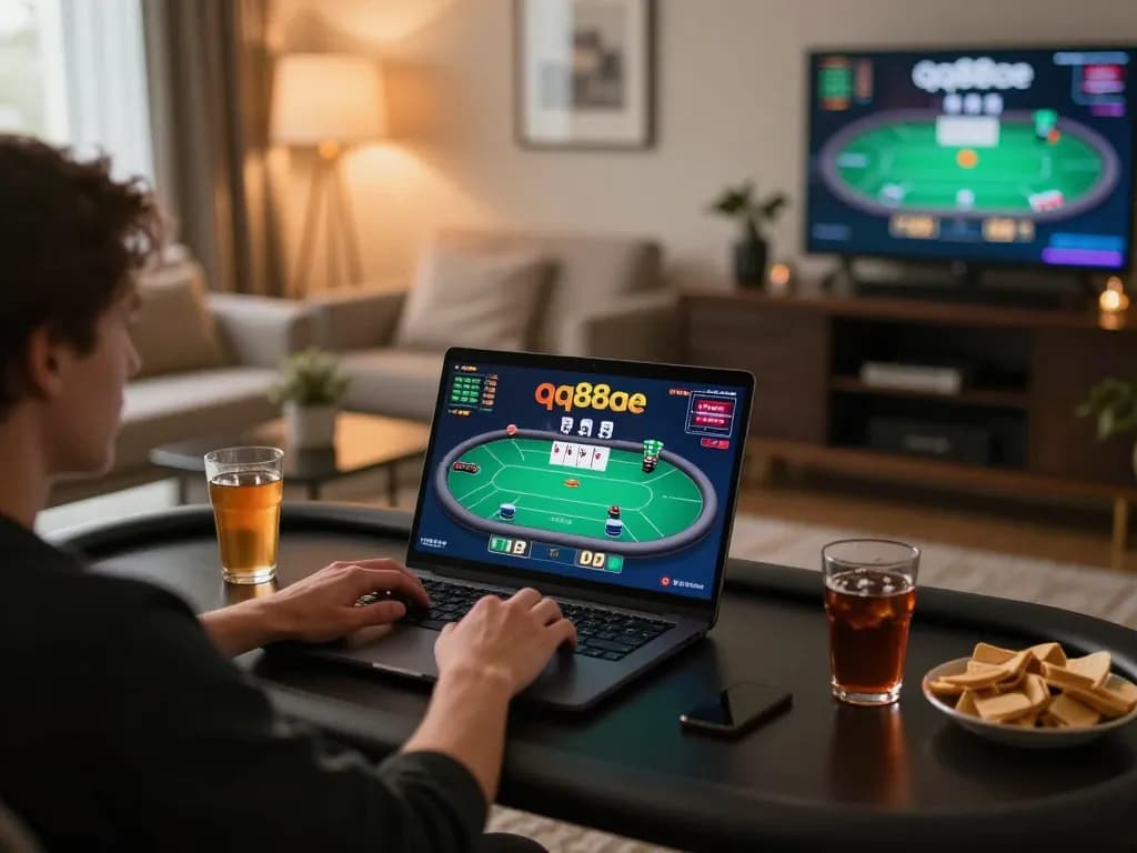 Person engaged in qq88ae online gaming, showing poker interface on laptop with snacks and drinks nearby, cozy home ambiance