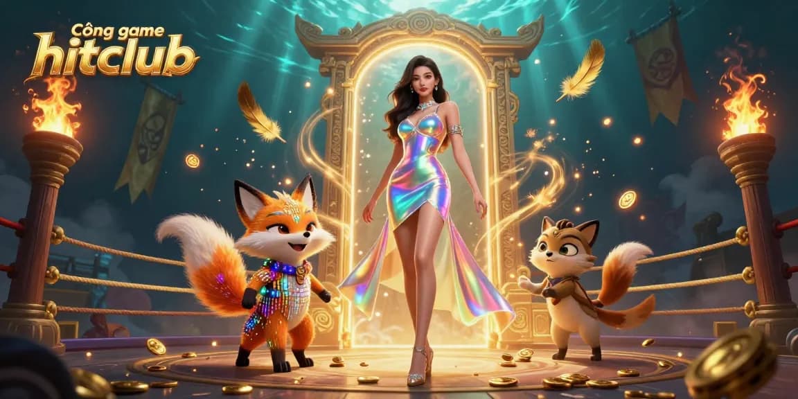 Cổng game hitclub showcases an immersive casino experience with dynamic elements and vibrant colors in a 3D illustration art style.