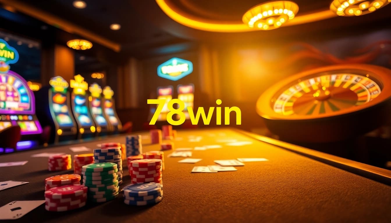 Players enjoying exciting games at 78win casino with lively slot machines and vibrant poker tables.