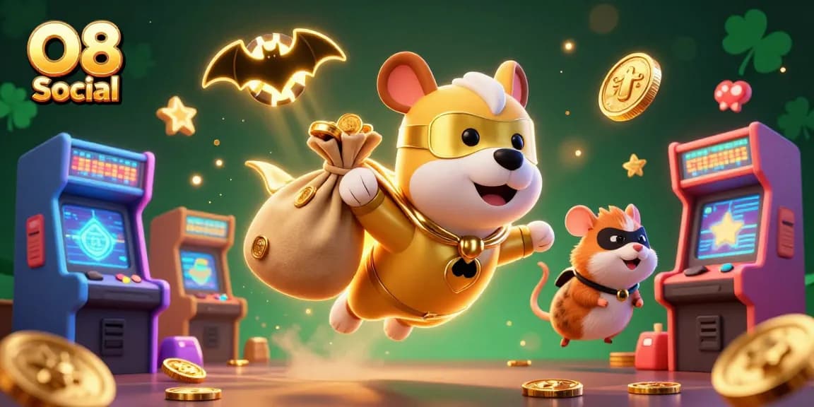 Engage with O8 Social's thrilling gaming adventure featuring superhero dog and hamster in 3D casino world.