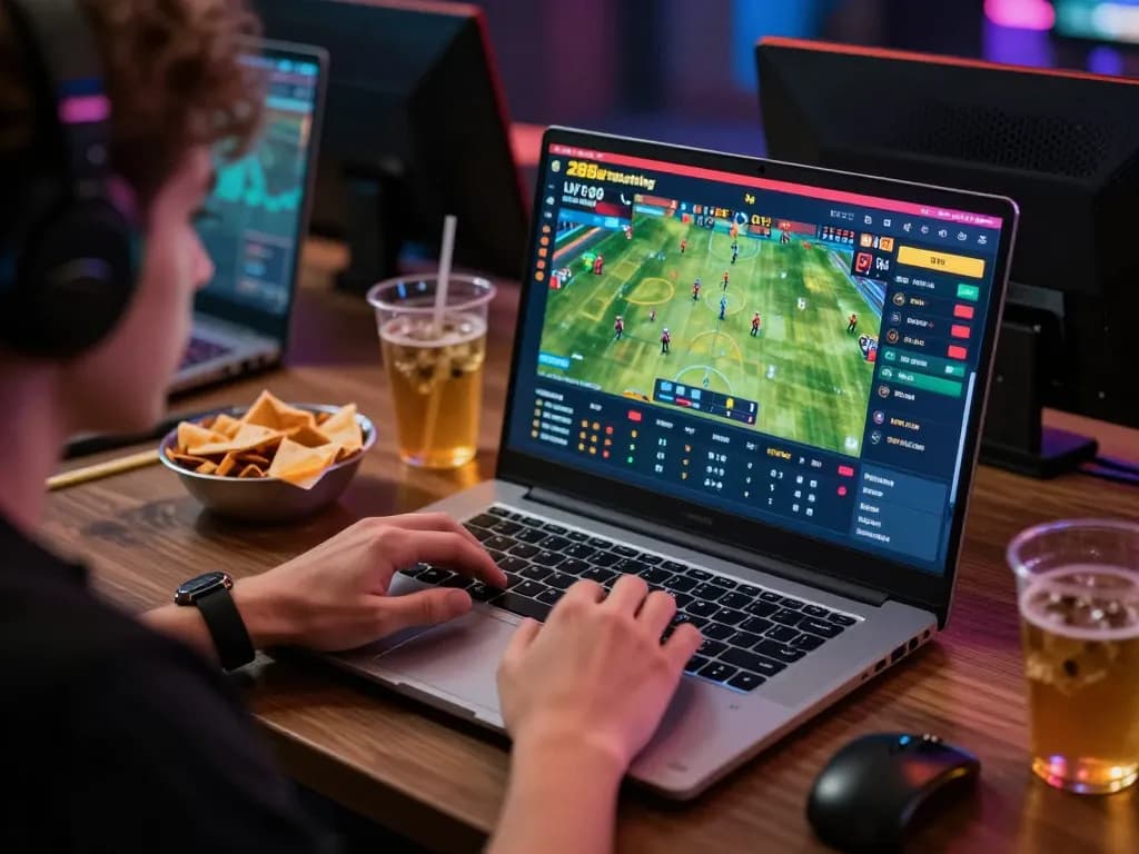 Engaged player using 28Bet for live sports betting, showcasing responsible gaming atmosphere.