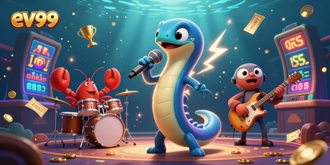 Engage with ev99's vibrant underwater casino as characters perform electrifying acts.