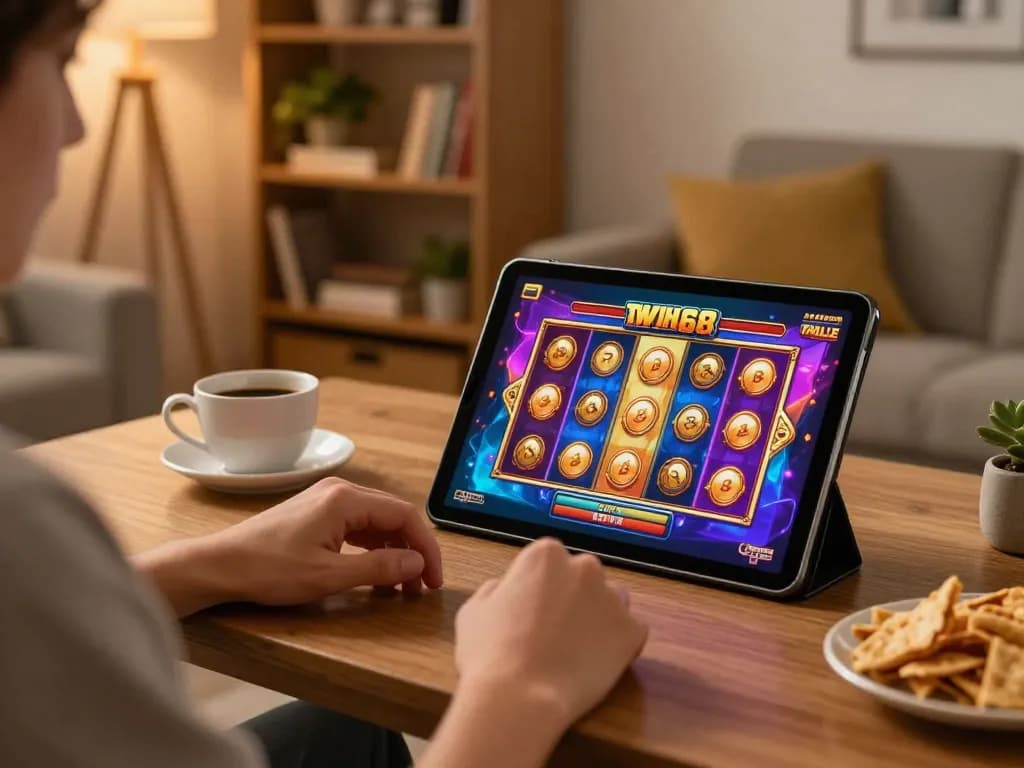 Player enjoying twin68 gaming experience on tablet in cozy home environment.