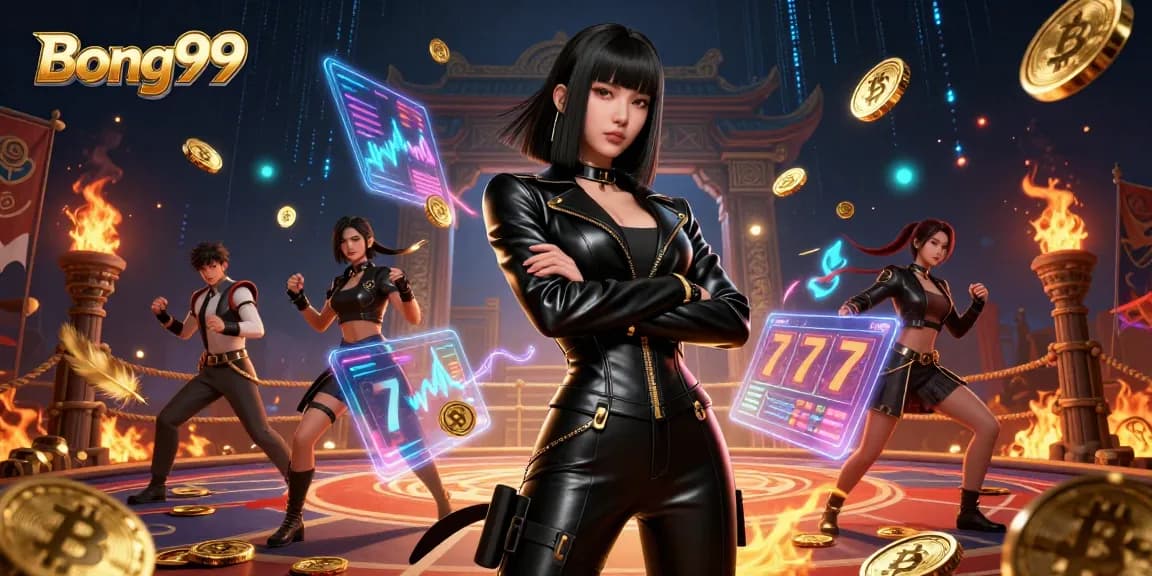 Bong99 showcases an engaging 3D casino scene featuring a powerful woman and vibrant game elements.