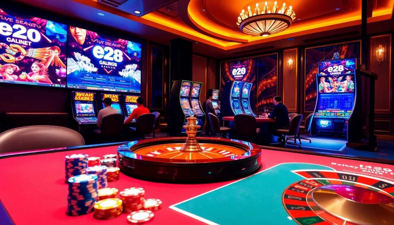 Exciting gameplay at e28 malaysia with vibrant casino elements including slot machines and poker chips.