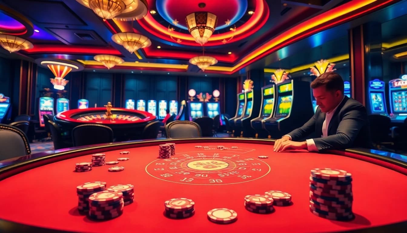 Experience thrilling gameplay at https://pub88us.com/ with an exciting poker table atmosphere and vibrant casino lights.