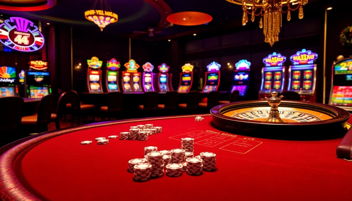 Exciting gambling scene at Pu88 com featuring poker, roulette, and vibrant slot machines.