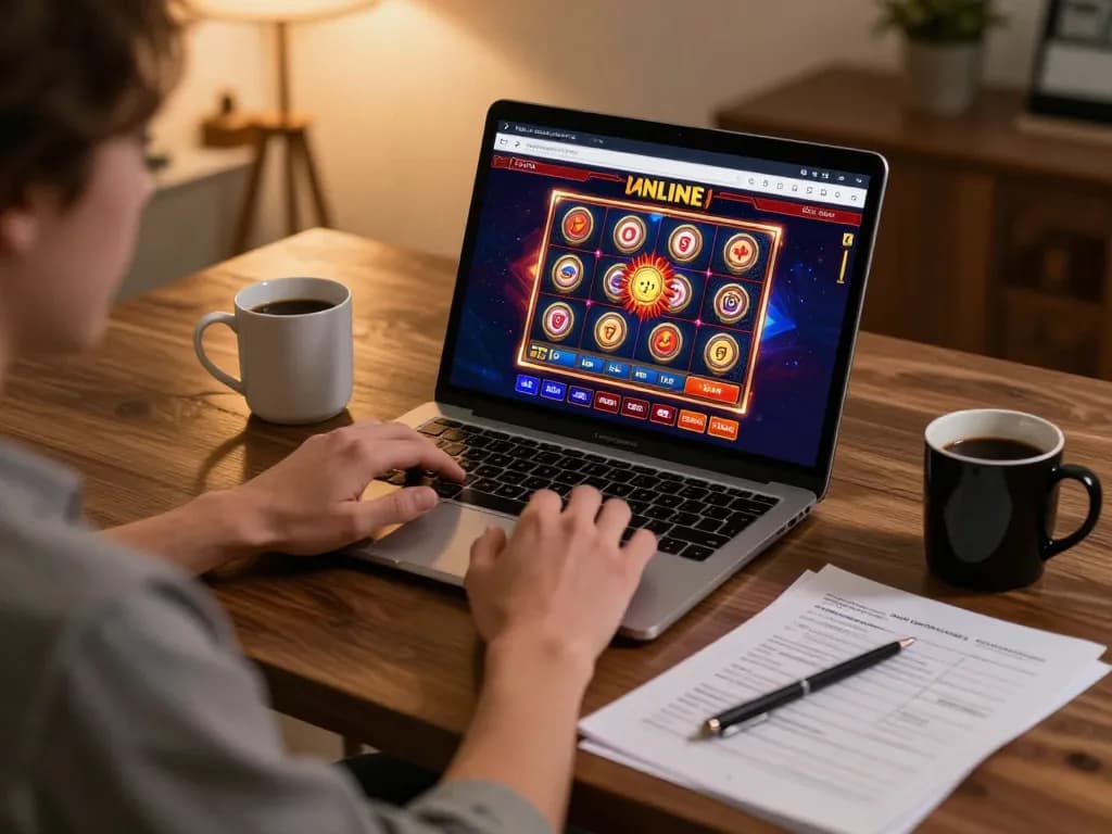 Engaged user playing lv88 online casino on tablet, warm home setting, responsible gaming atmosphere