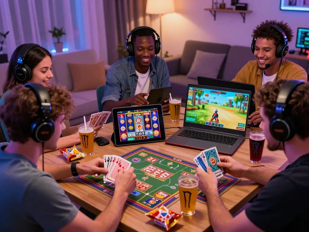Engaging players enjoying diverse games on sunwin platform, vibrant atmosphere with gaming devices.