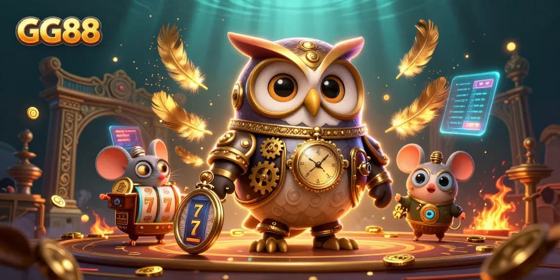 Engage with GG88's thrilling jackpot slots gameplay featuring a steampunk owl and a mouse companion.