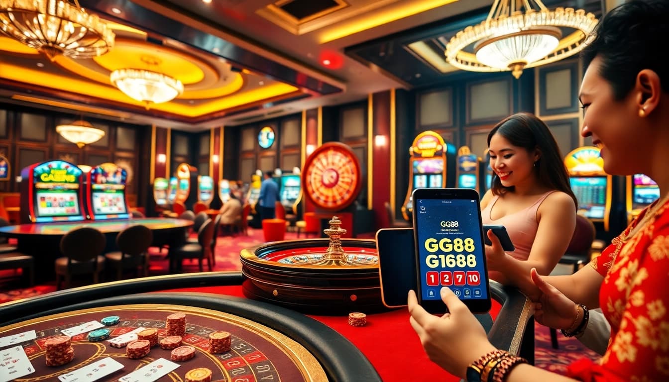GG88 platform showcased in a vibrant casino scene with poker, roulette, and slot games.