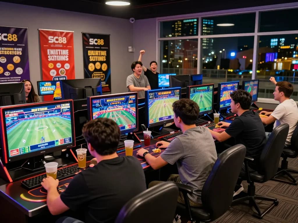 Players enjoying dynamic gaming experience at https://sc88e.com/ in a modern lounge.