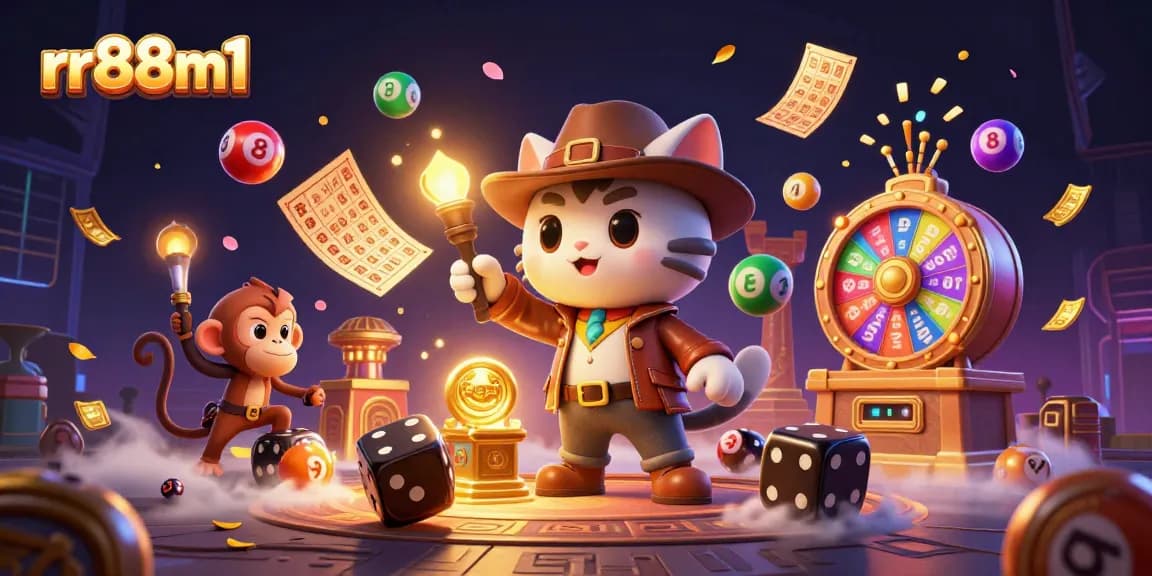 Dynamic scene of an explorer cat discovering golden casino artifacts at rr88m1, with lively lottery and gaming elements