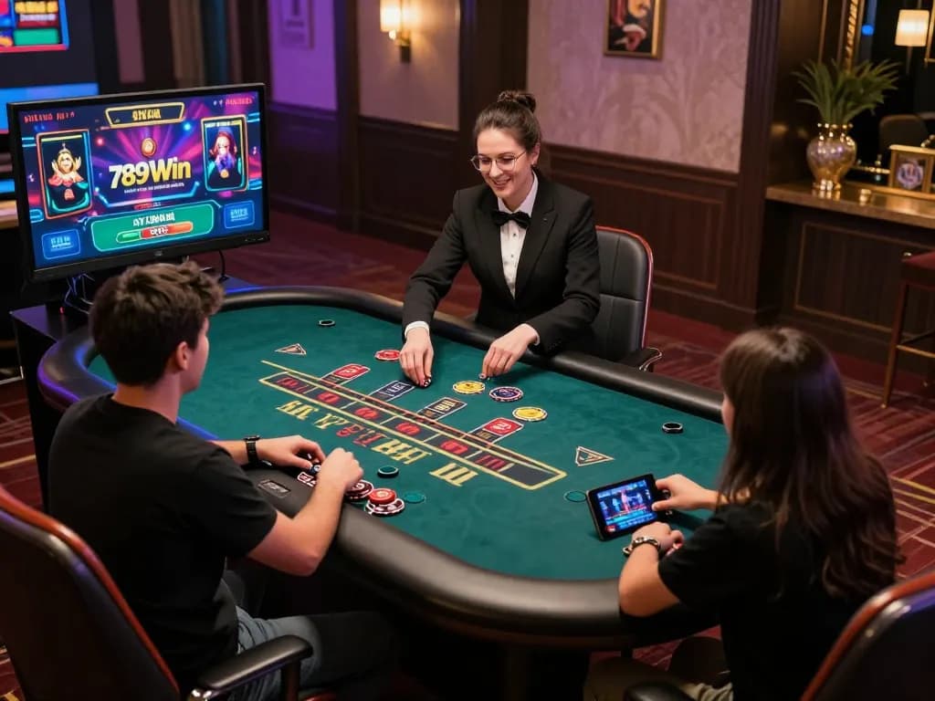 789Win players engaging in blackjack on a laptop with a live dealer, celebrating wins.