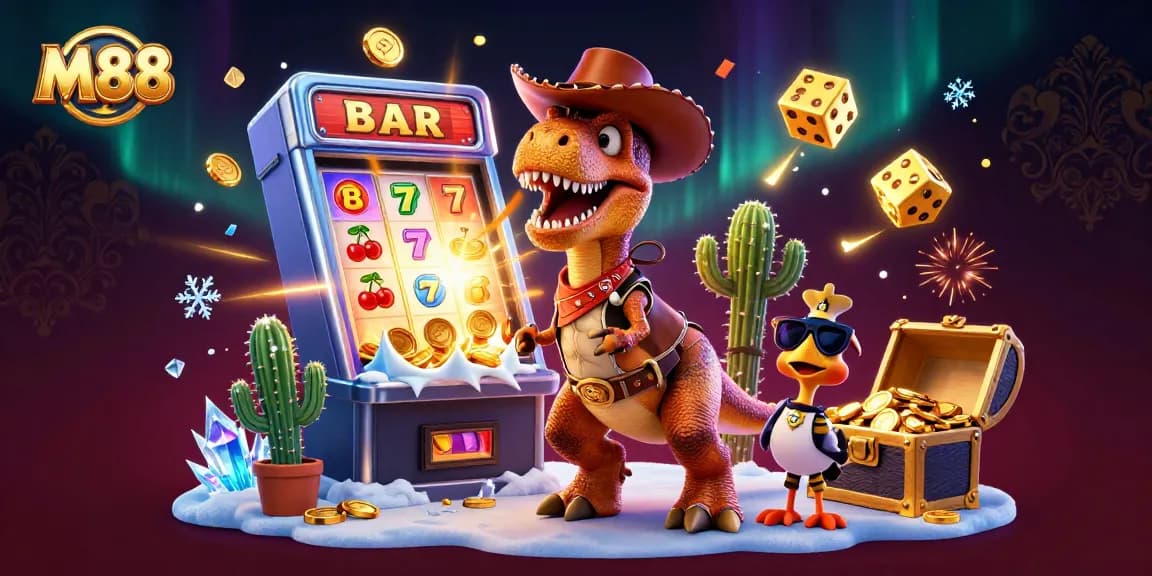M88 features a dynamic cartoon scene with a T-Rex cowboy, jackpot slot machine, and gaming elements creating an engaging experience.