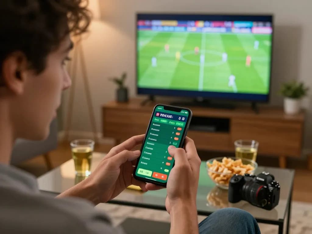 Football fan placing exciting bets on a smartphone during live match action.