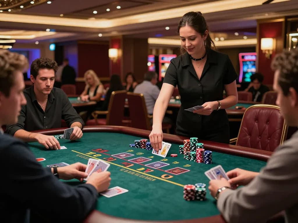 Players strategizing blackjack at BJ88 Casino with cards and chips, showcasing exciting gameplay