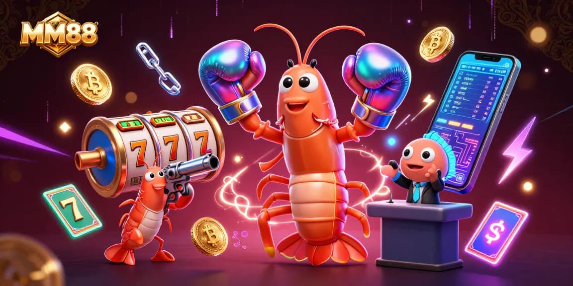 Win big at MM88 with vibrant visuals of a mantis shrimp and crypto coins in a casino setting.