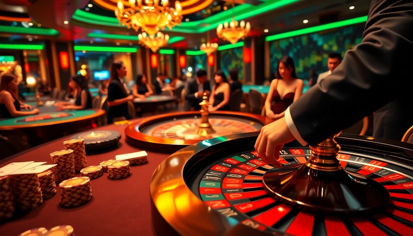 Winning bets at https://tr88.autos/ with a vibrant casino atmosphere featuring poker and roulette.
