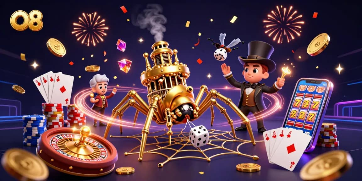 Interactive O8 casino scene showcasing a steampunk spider catching dice amidst golden coins and poker chips.