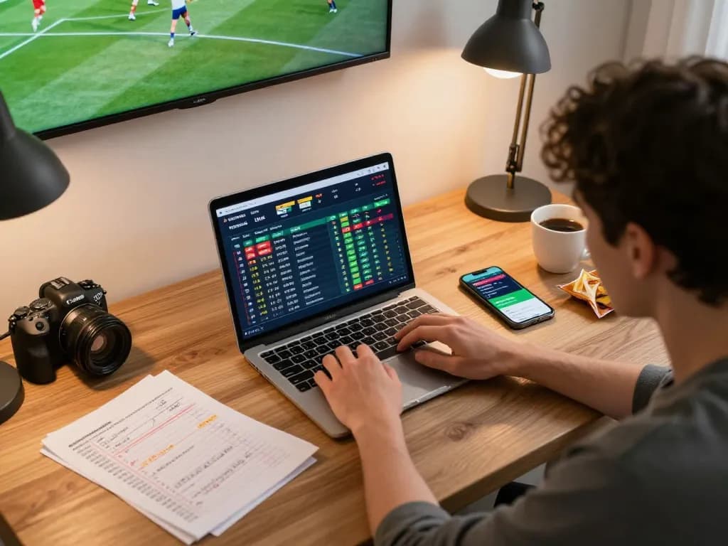 Engaged bettor analyzing odds on laptop while using hit club betting app in a cozy home setup