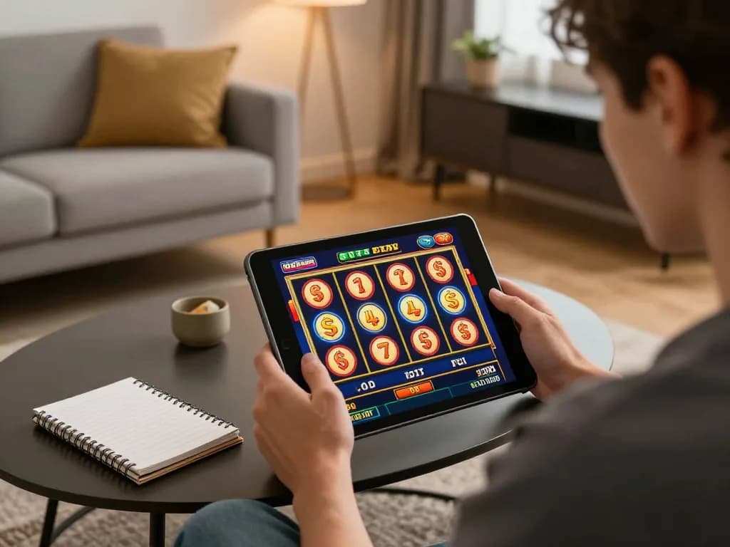 Engage with U888 slot games on tablet in a cozy living room setting, showcasing a vibrant online gambling experience.