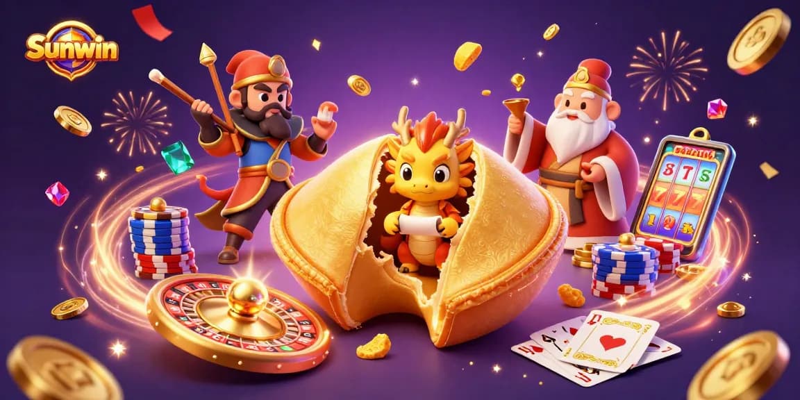 Experience thrilling wins with Sunwin in a vibrant 3D casino illustration featuring interactive games.