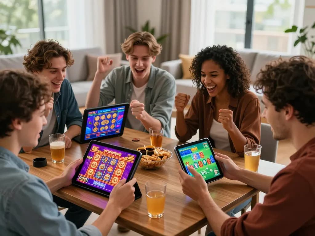 Engaged friends enjoying casino games on devices at nhà cái DA88 in a vibrant living room.