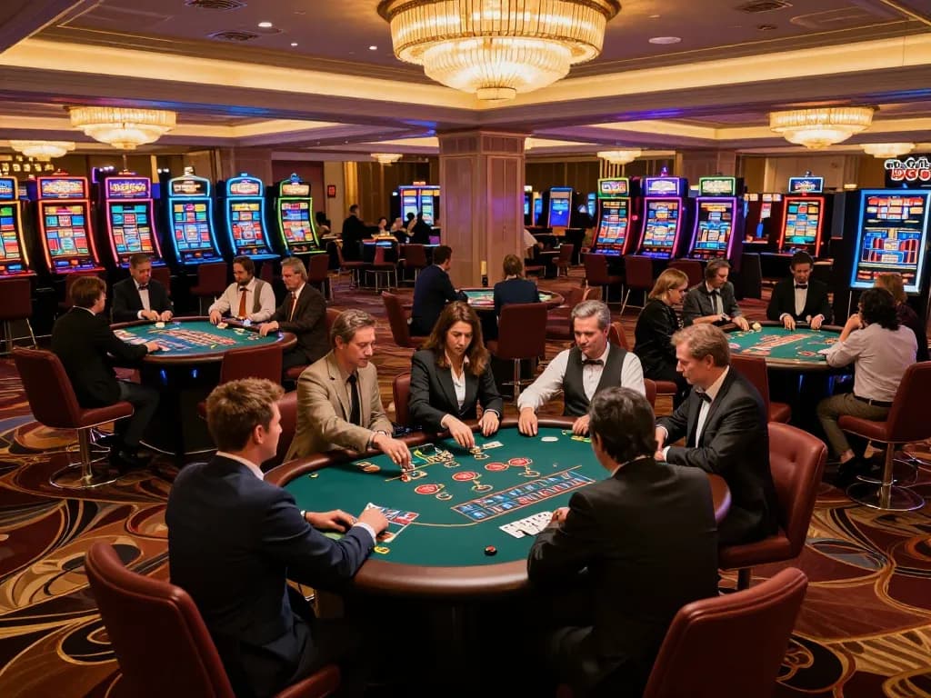 Players enjoying a high-stakes poker game at 258bet casino, with colorful slots and luxurious ambiance.