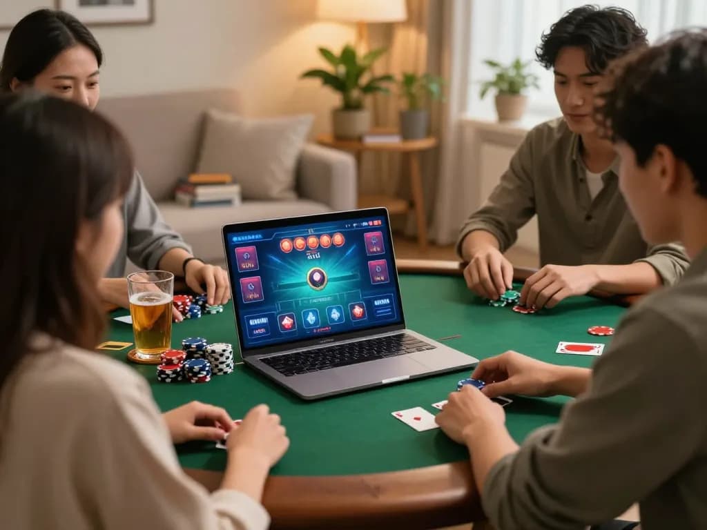 Players analyzing their hands on 3Win.com in a lively home poker night setting with drinks and snacks.
