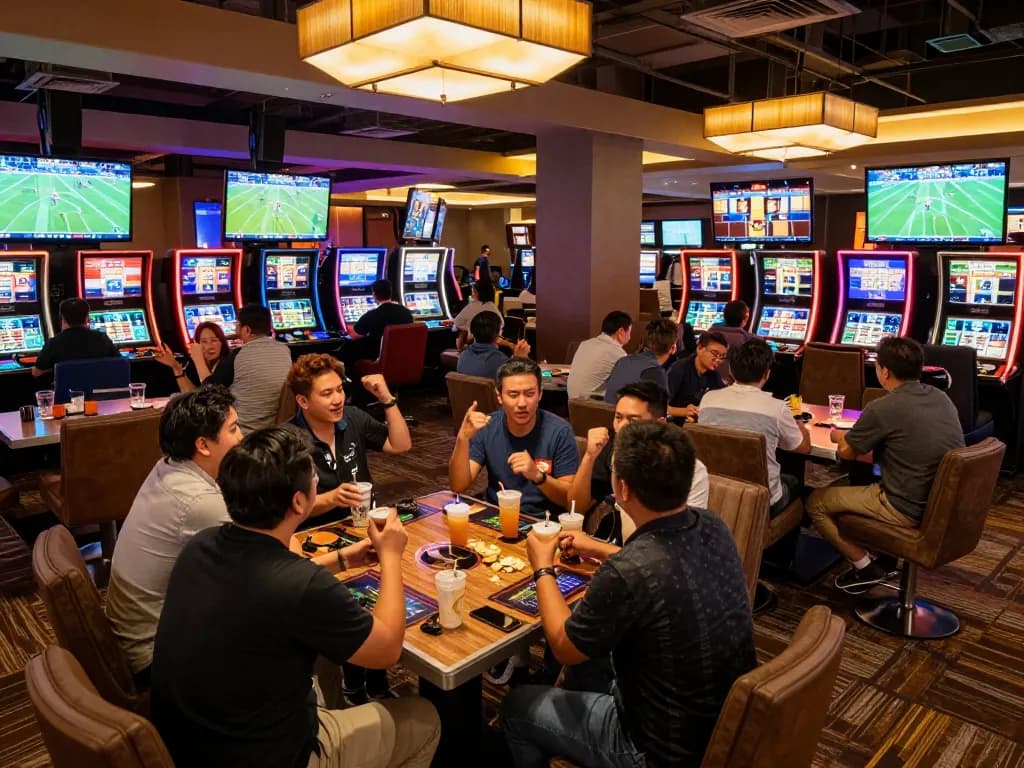 Players engaging in sports betting excitement in a lounge at 98wincom casino, high-stakes atmosphere