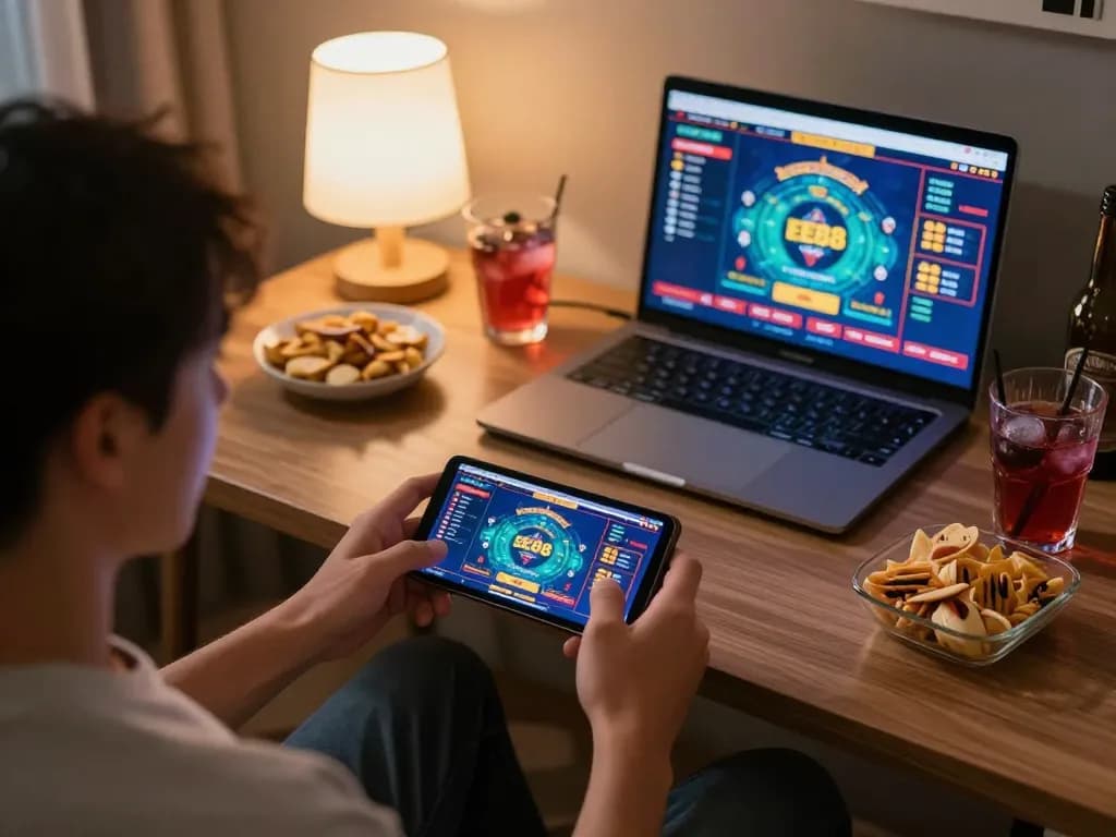 Player engaging with EE88 casino app on mobile device, surrounded by snacks in a cozy gaming setup