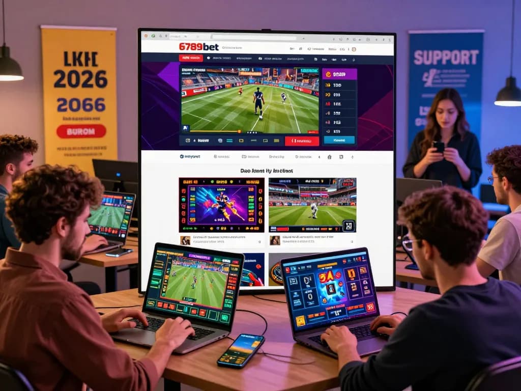 Engaging scene of online betting at 6789bet with diverse players using laptops and smartphones.