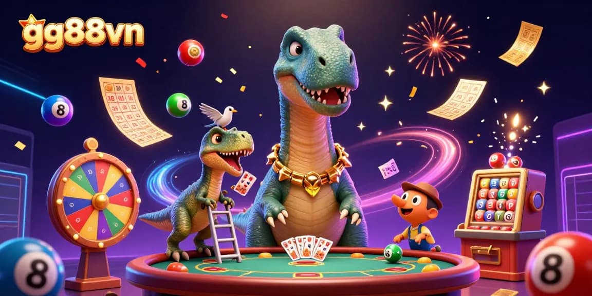 Engage in gaming excitement with nnbrontosaurus and clever raptor at gg88vn casino, immersed in vibrant lottery fun.