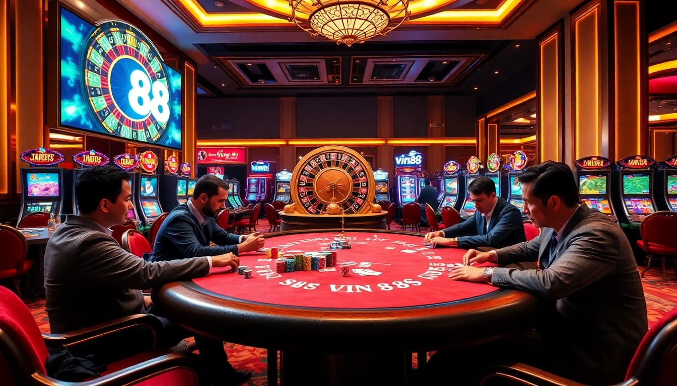 Intense poker action at vin 88 casino with colorful chips and vibrant gameplay atmosphere.