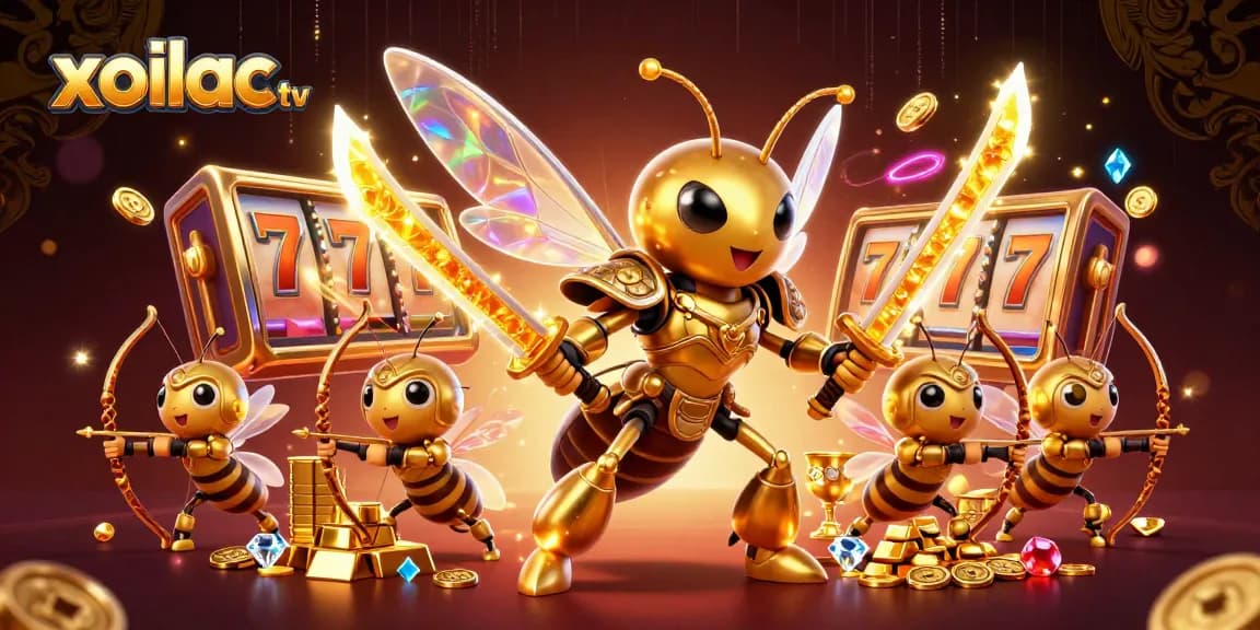 Xoilac TV offers thrilling online casino gaming with vibrant illustrations of slots and action.